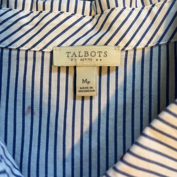 Talbots blue pinstripe red velvet heart button up women’s medium petite - Picture 3 of 8